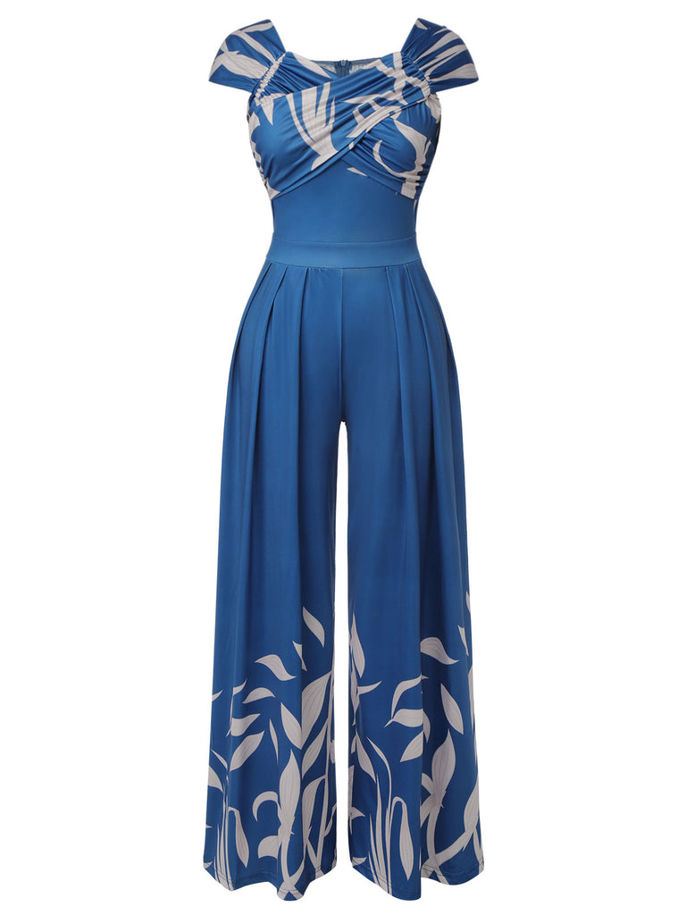 Blue 1960s High-Waist Plant Print Jumpsuit, vintage romper, retro jumpsuit - perfect for women who love vintage and retro fashion