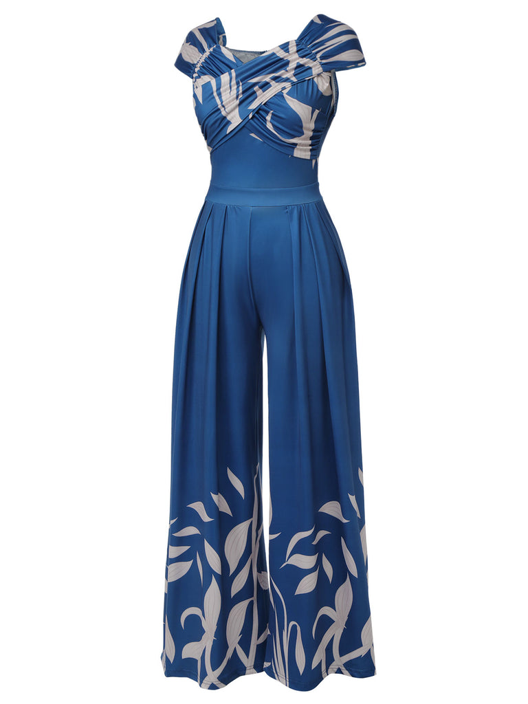 Blue 1960s High-Waist Plant Print Jumpsuit, vintage romper, retro jumpsuit - perfect for women who love vintage and retro fashion