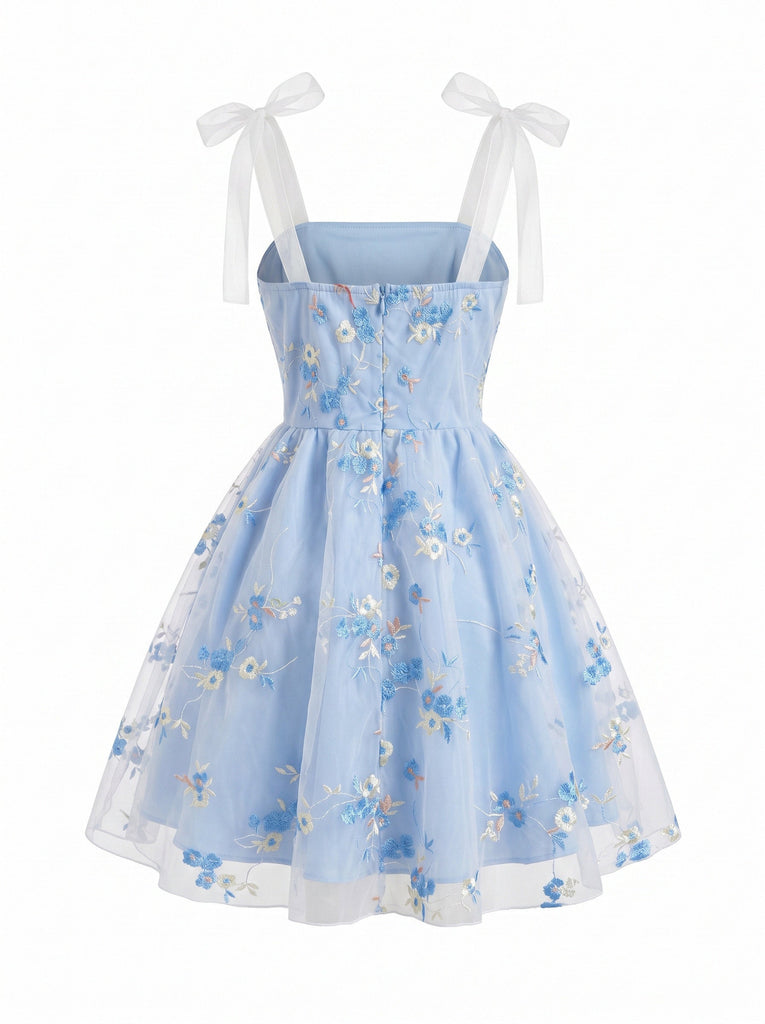 Blue 1960s Mesh Embroidered Floral Spaghetti Strap Dress, vintage dress, retro fashion, floral print - perfect for women who love vintage and retro fashion