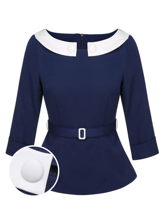 Blue 1960s Peter Pan Collar Belt Top, vintage top, retro blouse - perfect for women who love vintage and retro fashion