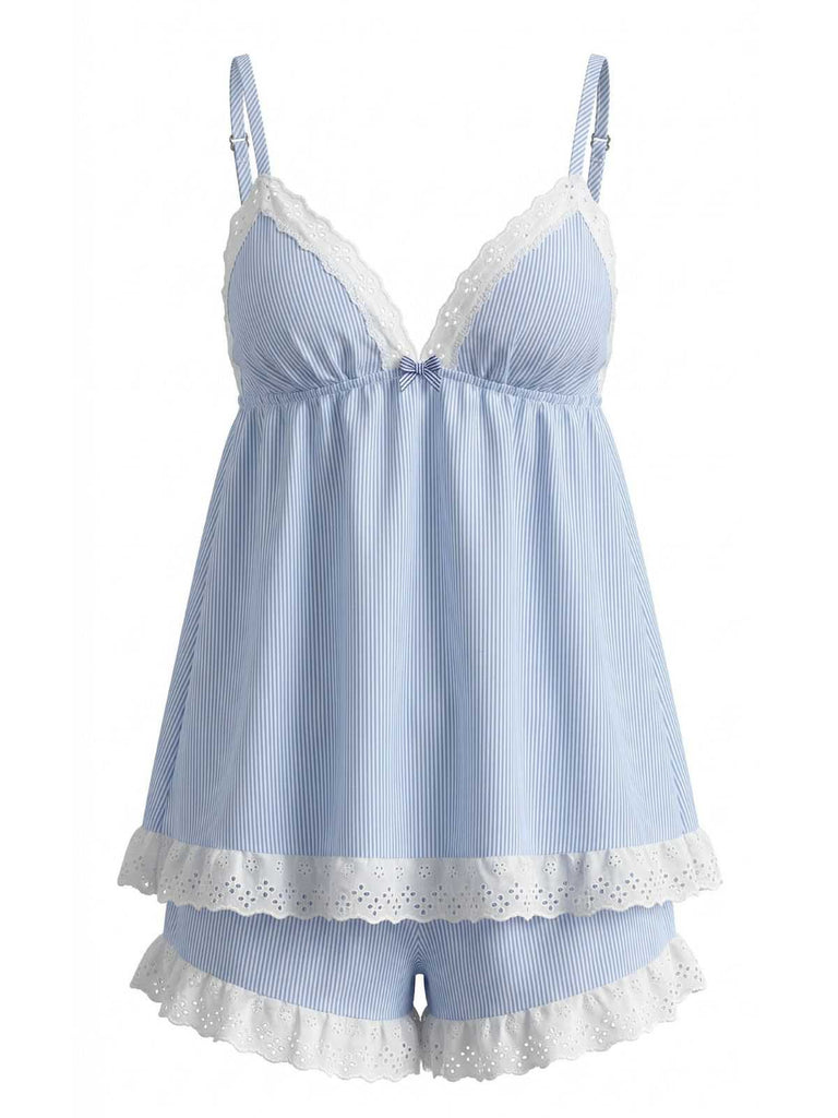 vintage lingerie babydoll dress Blue 1960s Pinstripe Lace Trim Babydoll Pajama Set