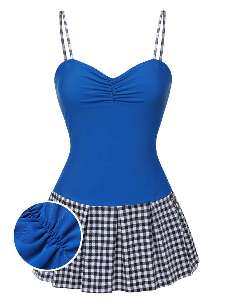 Blue 1960s Plaid Patchwork Strap Swimsuit, vintage swimsuit, pin-up swimwear - perfect for women who love vintage and retro fashion