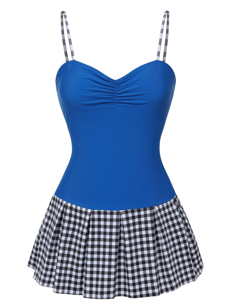 Blue 1960s Plaid Patchwork Strap Swimsuit, vintage swimsuit, pin-up swimwear - perfect for women who love vintage and retro fashion