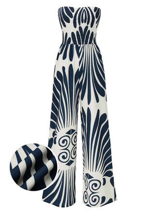 She finds her 1960s story in this Blue 1960s Plants Off-Shoulder Wide-Leg Jumpsuit