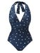 Blue 1960s Polka Dot Patchwork Halter Swimsuit: timeless style reimagined