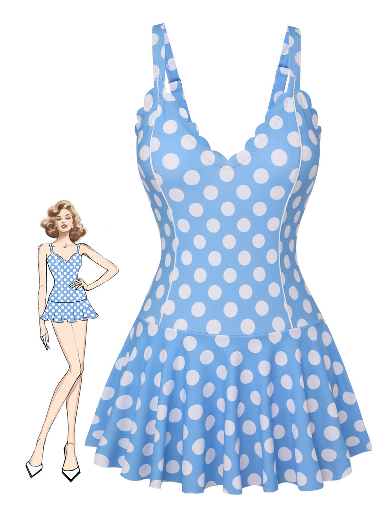 She's wearing Blue 1960s Polka Dot Petal Neck Swimsuit and the whole beach remembers the 1960s