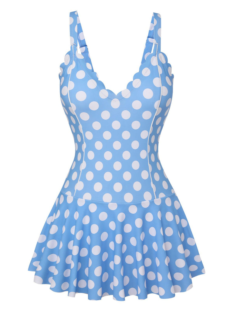 Blue 1960s Polka Dot Petal Neck Swimsuit, vintage swimsuit, pin-up swimwear - perfect for women who love vintage and retro fashion