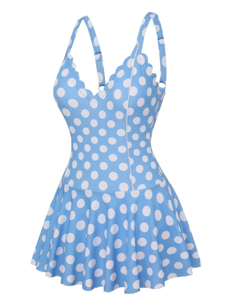 Blue 1960s Polka Dot Petal Neck Swimsuit, vintage swimsuit, pin-up swimwear - perfect for women who love vintage and retro fashion