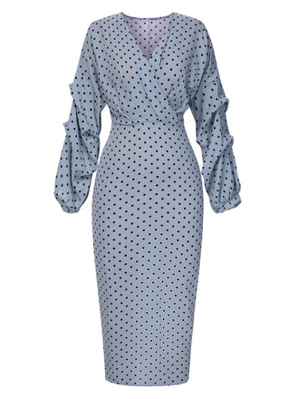 Blue 1960s Polka Dot V-Neck Pencil Dress, vintage dress, retro fashion - perfect for women who love vintage and retro fashion