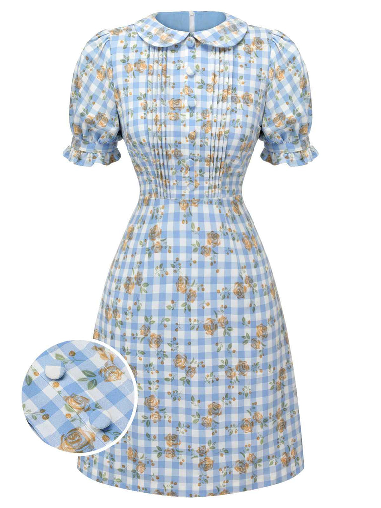 Blue 1960s Puff Sleeve Floral Plaid Dress: timeless style reimagined