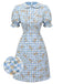Blue 1960s Puff Sleeve Floral Plaid Dress: timeless style reimagined