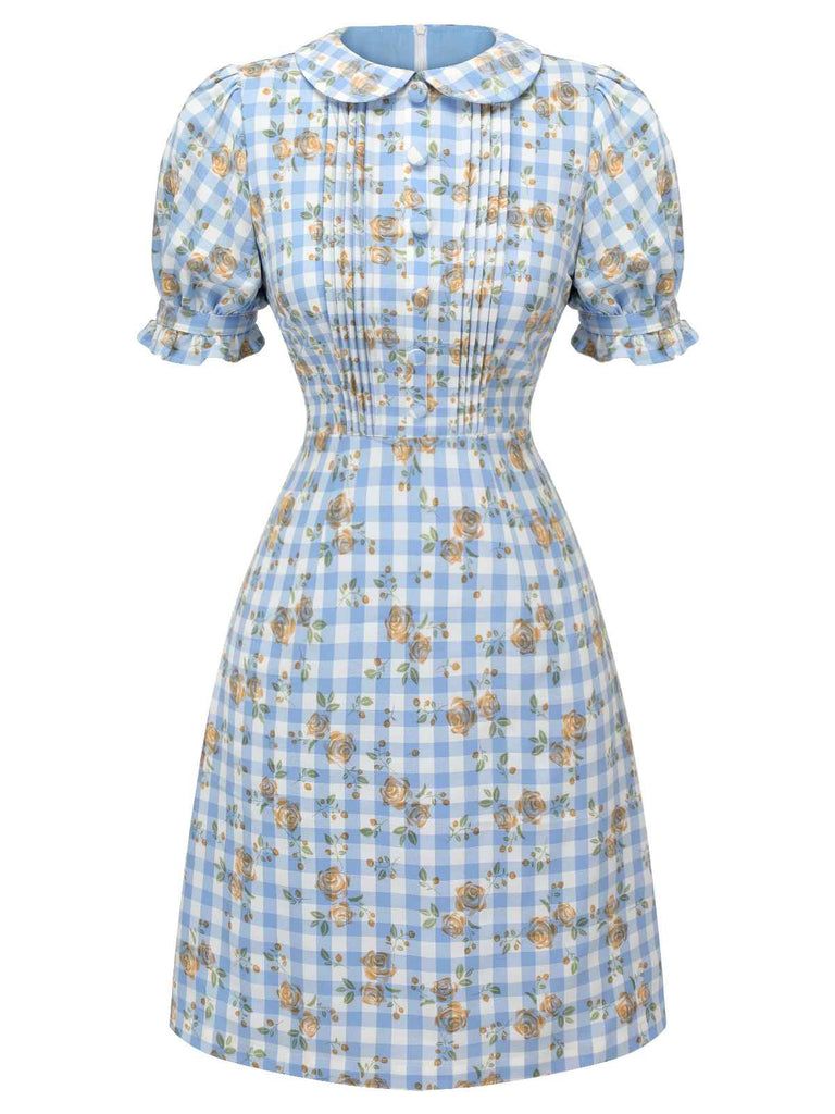 Retro Stage Puff Sleeve Floral Plaid Dress Light Blue Retro Stage Puff Sleeve Floral Plaid Dress Light Blue