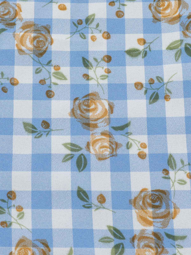 Blue 1960s Puff Sleeve Floral Plaid Dress — vintage elegance for the modern woman