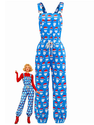 Blue 1960s Santa Claus Print Overalls Jumpsuit - vintage jumpsuit, retro fashion