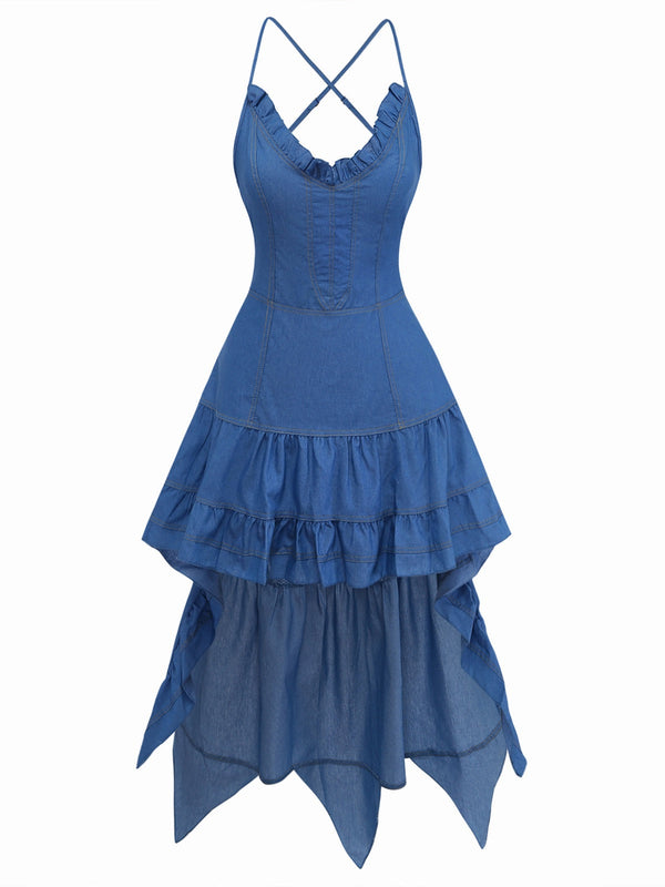 Blue 1960s Spaghetti Strap Denim High-Low Dress | Retro Stage