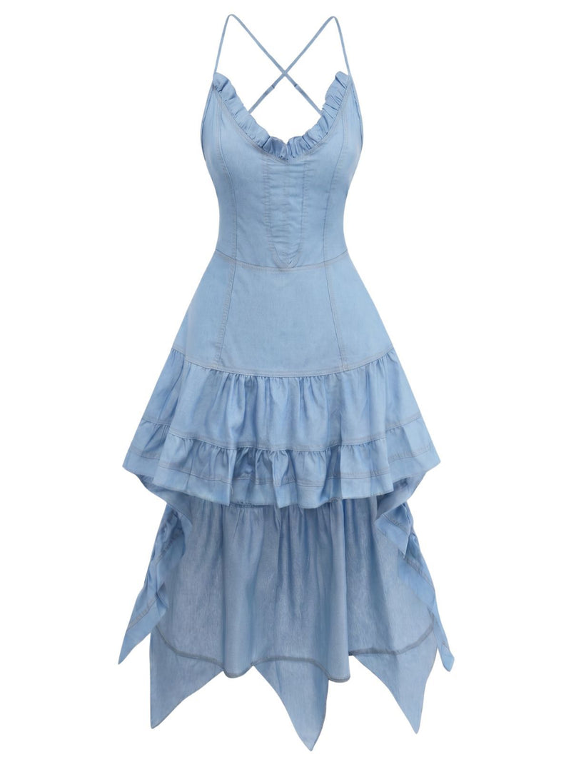 Blue 1960s Spaghetti Strap Denim High-Low Dress