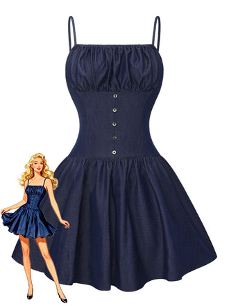Blue 1960s Spaghetti Strap Ruched Mini Dress - vintage dress, retro fashion