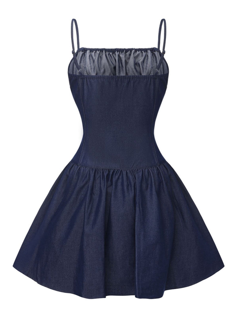Blue 1960s Spaghetti Strap Ruched Mini Dress - vintage dress, retro fashion