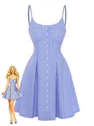 Blue 1960s Striped Buttons Spaghetti Strap A-Line Dress - vintage dress, retro fashion, elegant style for vintage lovers