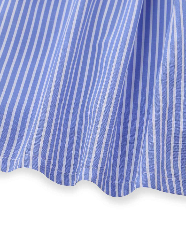 Blue 1960s Striped Buttons Spaghetti Strap A-Line Dress