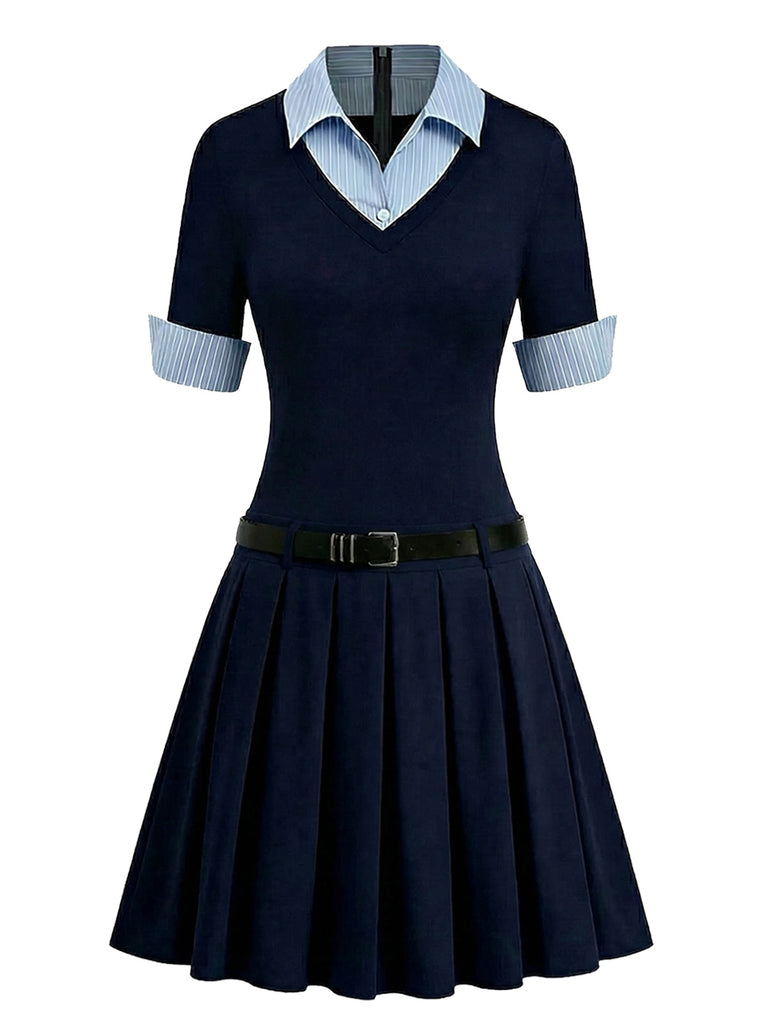 Pre-Sale] Blue 1960s Striped Patchwork Knit Pleated Dress