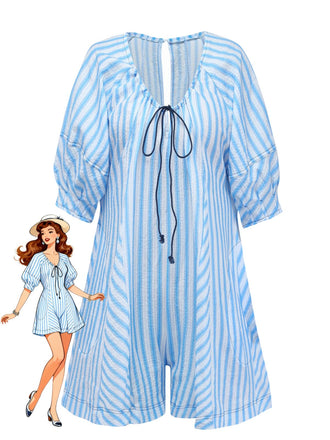 Blue 1960s Striped Short Sleeve Romper