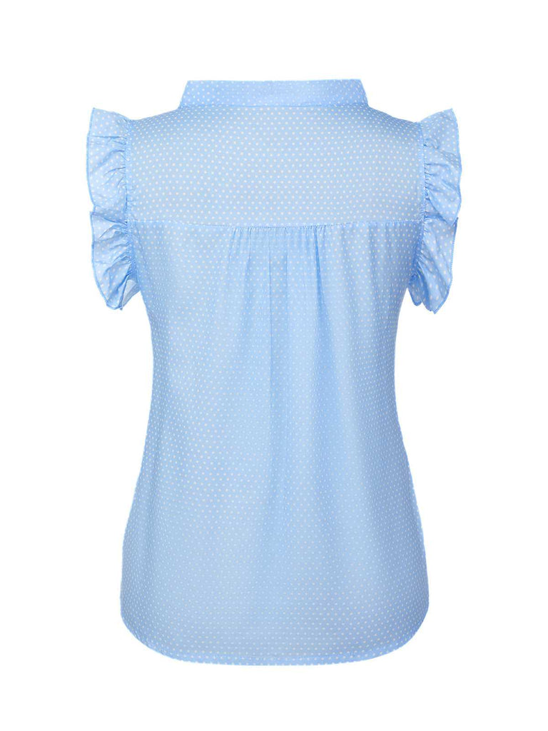 This Blue 1960s Tie Neck Polka Dots Ruffles Blouse brings 1960s soul to her everyday