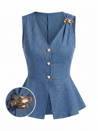 Blue 1960s Sleeveless Fitted Bodycon Blouse
