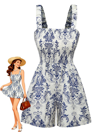 Blue 1970s Baroque Smocked Suspender Romper - vintage jumpsuit, retro fashion