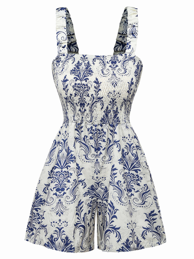 Blue 1970s Baroque Smocked Suspender Romper - vintage jumpsuit, retro fashion