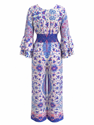 Blue 1970s Bohemian Ditsy Floral Flare Sleeve Jumpsuit, vintage romper, retro jumpsuit - perfect for women who love vintage and retro fashion