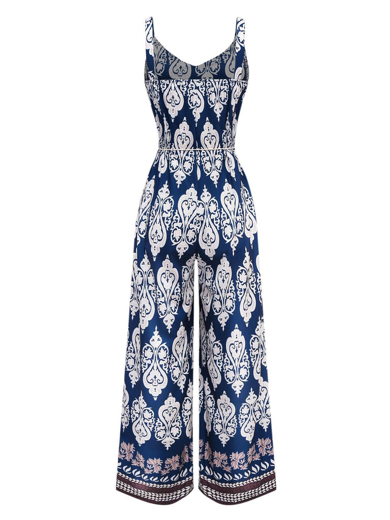 Blue 1970s Boho Ethnic Print Strap Belted Jumpsuit - vintage jumpsuit, retro fashion