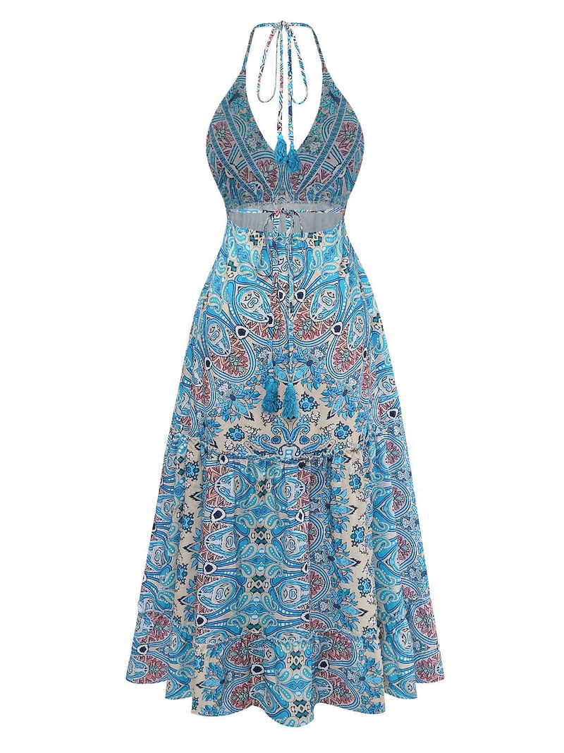 Blue 1970s Boho Paisley Halter Fit Flare Midi Dress