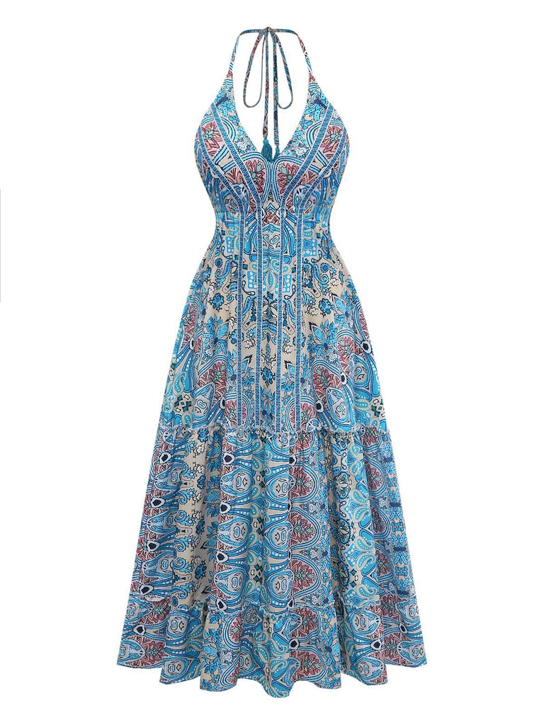 vintage paisley dress J.G. Hook Maxi Women 4 Green Multi Pleated Skirt Mock Neck The long sleeves add a touch of elegance Blue 1970s Boho Paisley Halter