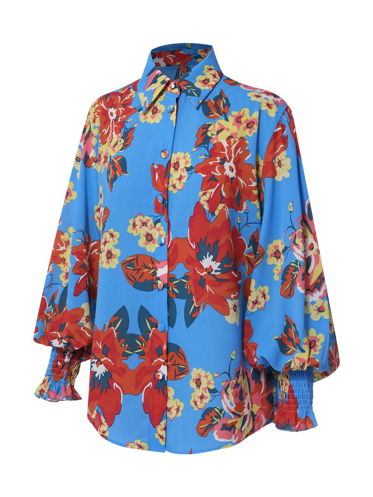Blue 1970s Contrast Floral Bishop Sleeve Blouse: a 1970s classic that whispers rather than shouts