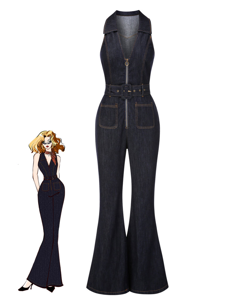 Denim Jumpsuit Lapel V-neck Sleeveless Belted Flared Jumpsuit Dark Blue Denim Jumpsuit Lapel V-neck Sleeveless Belted Flared Jumpsuit Dark Blue