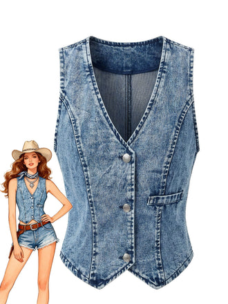 Blue 1970s Denim V-Neck Sleeveless Button Top