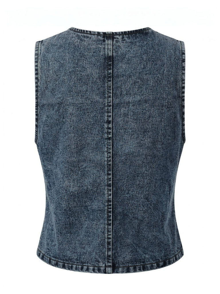 Blue 1970s Denim V-Neck Sleeveless Button Top, vintage top, retro blouse - perfect for women who love vintage and retro fashion