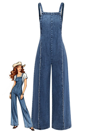 Blue 1970s Denim Wide-Leg Overalls Frayed Jumpsuit - vintage jumpsuit, retro fashion