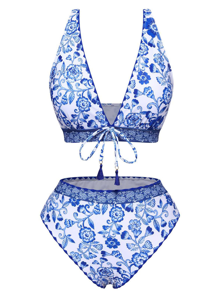 She's wearing Blue 1970s Floral High-Waist Swimsuit and the whole beach remembers the 1970s