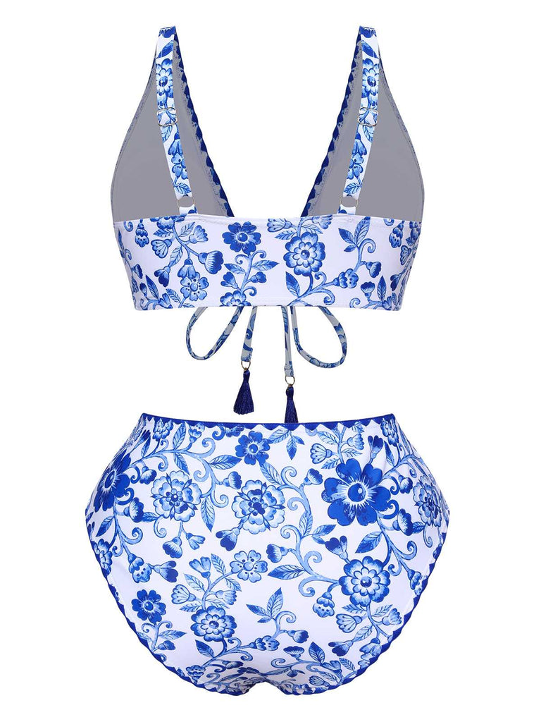 Blue 1970s Floral High-Waist Swimsuit: 1970s Riviera elegance, reimagined for her