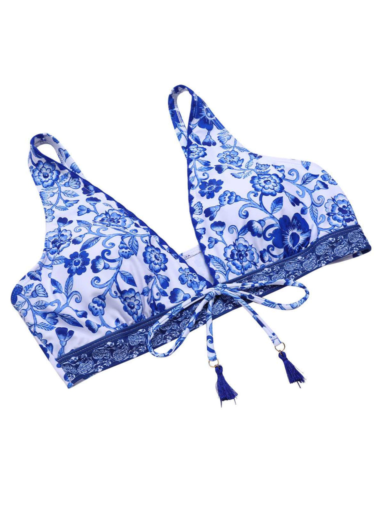 This Blue 1970s Floral High-Waist Swimsuit carries 1970s vacation dreams in every stitch