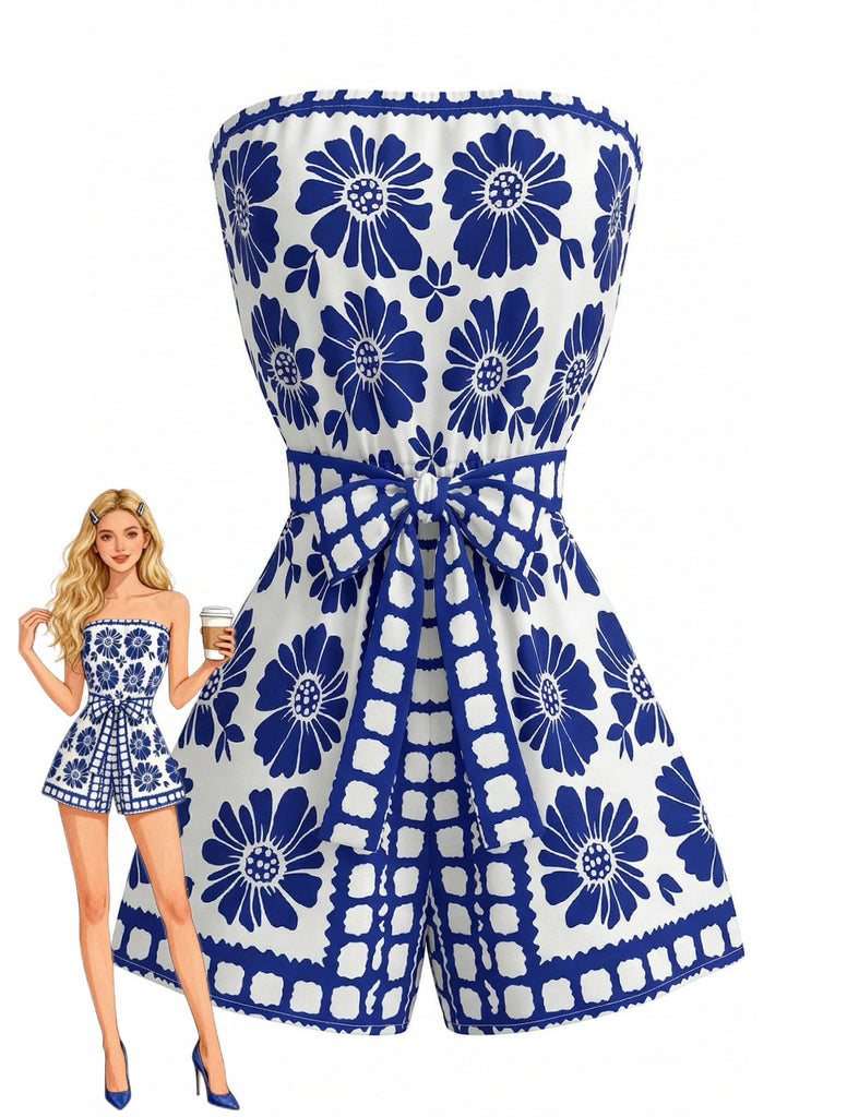 Blue 1970s Floral Strapless Belted Romper - vintage jumpsuit, retro fashion
