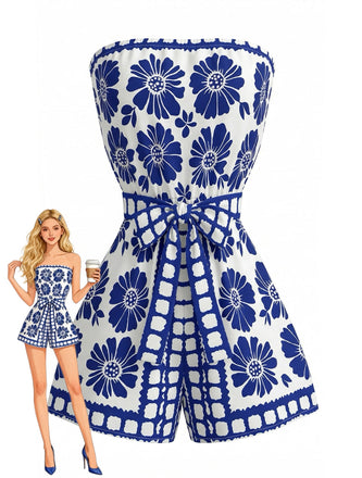 Blue 1970s Floral Strapless Belted Romper - vintage jumpsuit, retro fashion