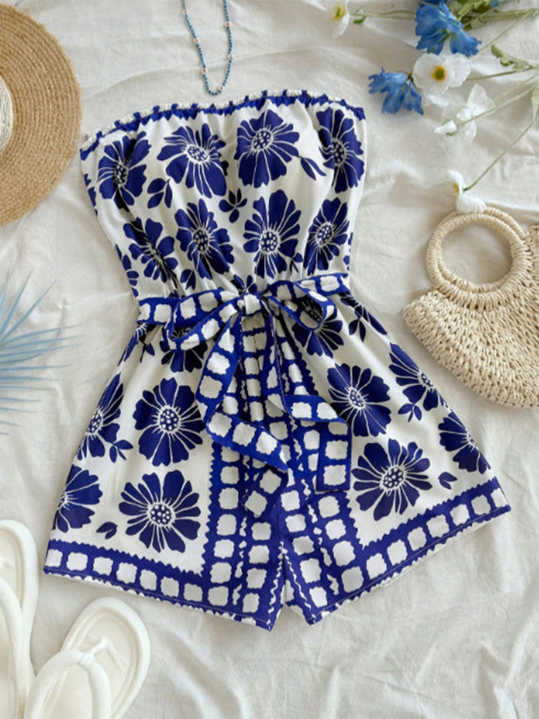 Blue 1970s Floral Strapless Belted Romper - vintage jumpsuit, retro fashion