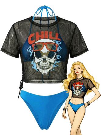 Blue 1970s Floral Tie Mesh Tankini - vintage fashion, retro style