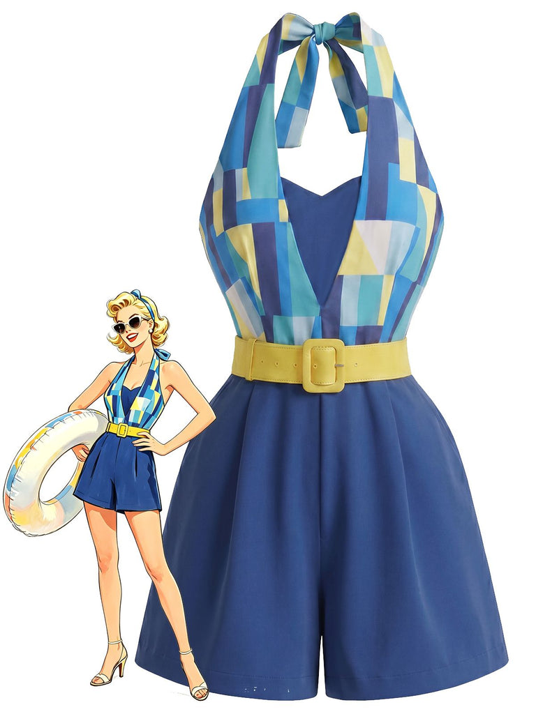 [Pre-Sale] Blue 1970s Geometric Color Block Halter Belted Romper, vintage romper, retro jumpsuit - perfect for women who love vintage and retro fashion