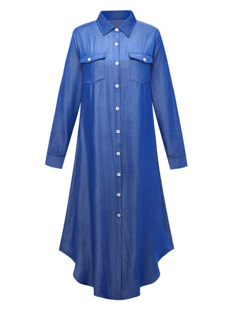Blue 1970s Long Sleeves Shirt Midi Dress - vintage dress, retro fashion