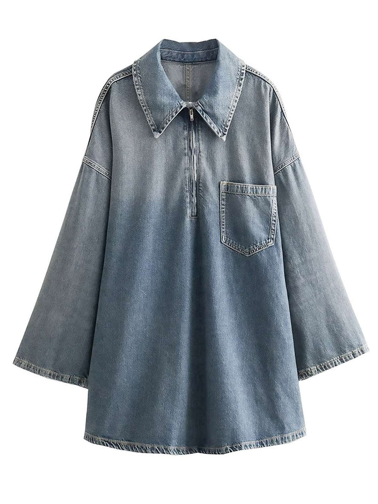 Blue 1970s Loose Lapel Denim Dress, vintage dress, retro fashion - perfect for women who love vintage and retro fashion
