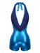 Shiny blue Romper with a halter neck design on a white background